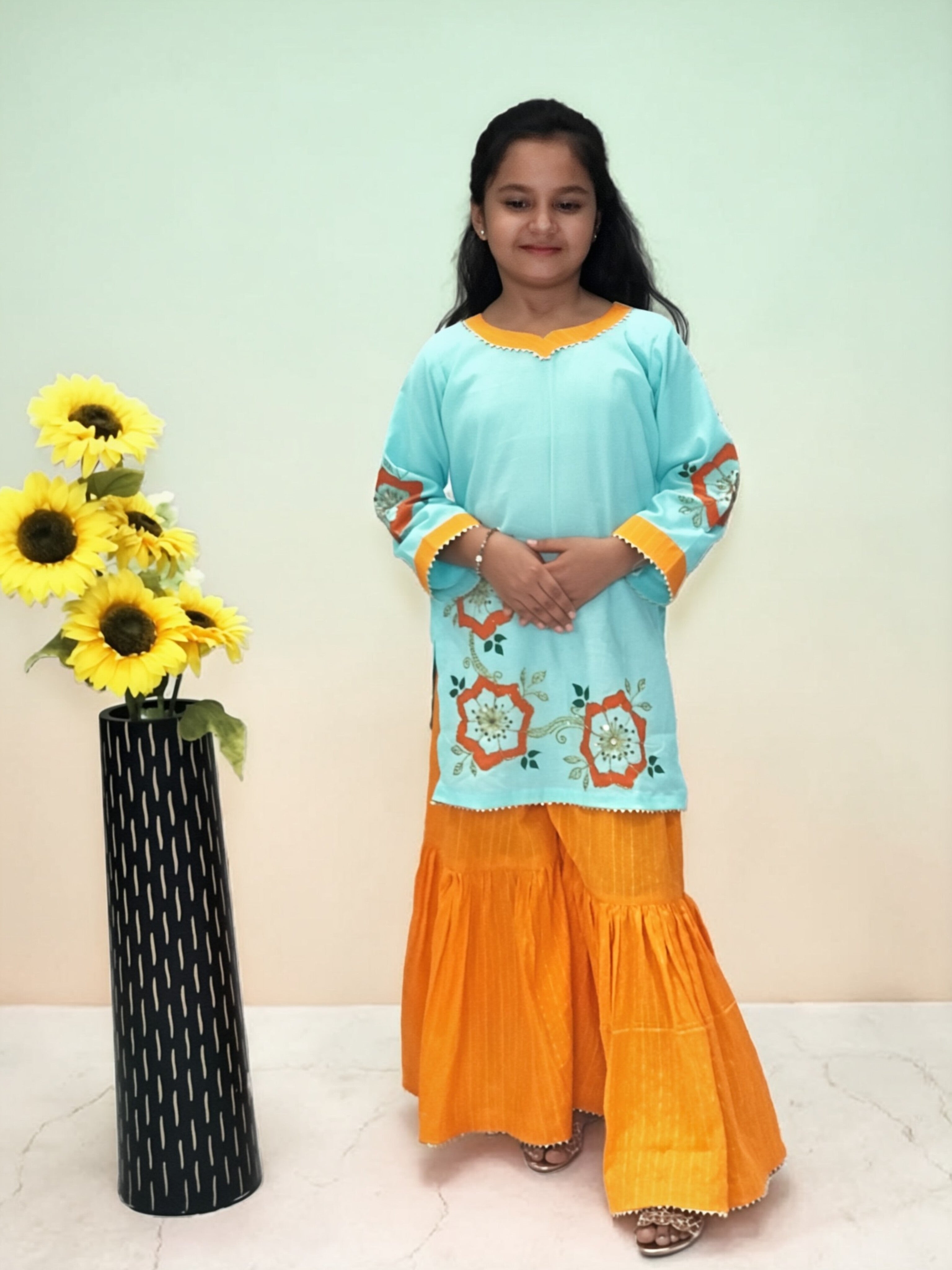 Girls Floral Painted Gharara Set - 3pc