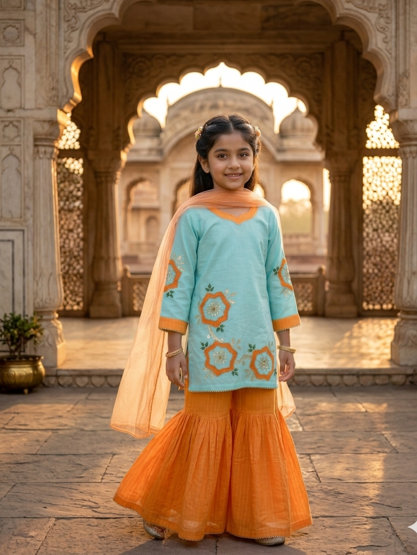 Girls Floral Painted Gharara Set - 3pc