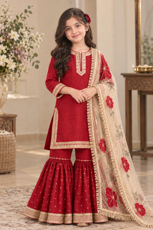 Girls Sequence work Gharara Suit - Red