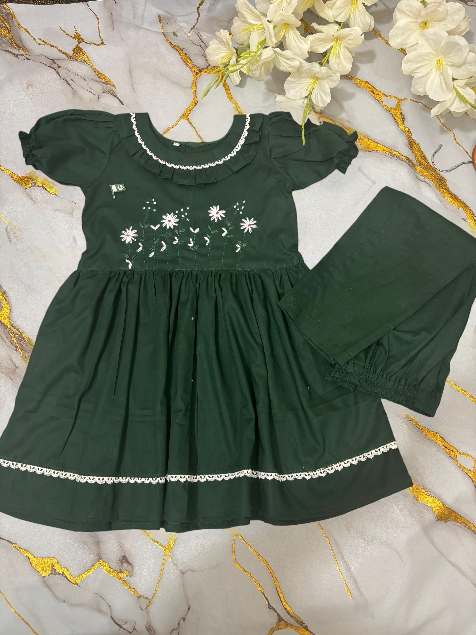 Girls Green Embroidered Frock Set 2pc