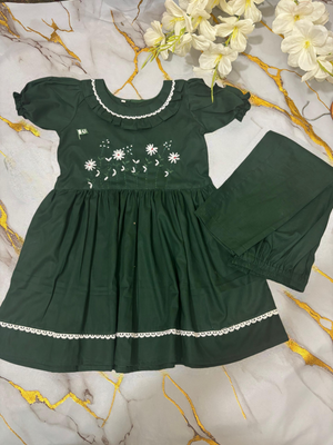 Girls Green Embroidered Frock Set 2pc