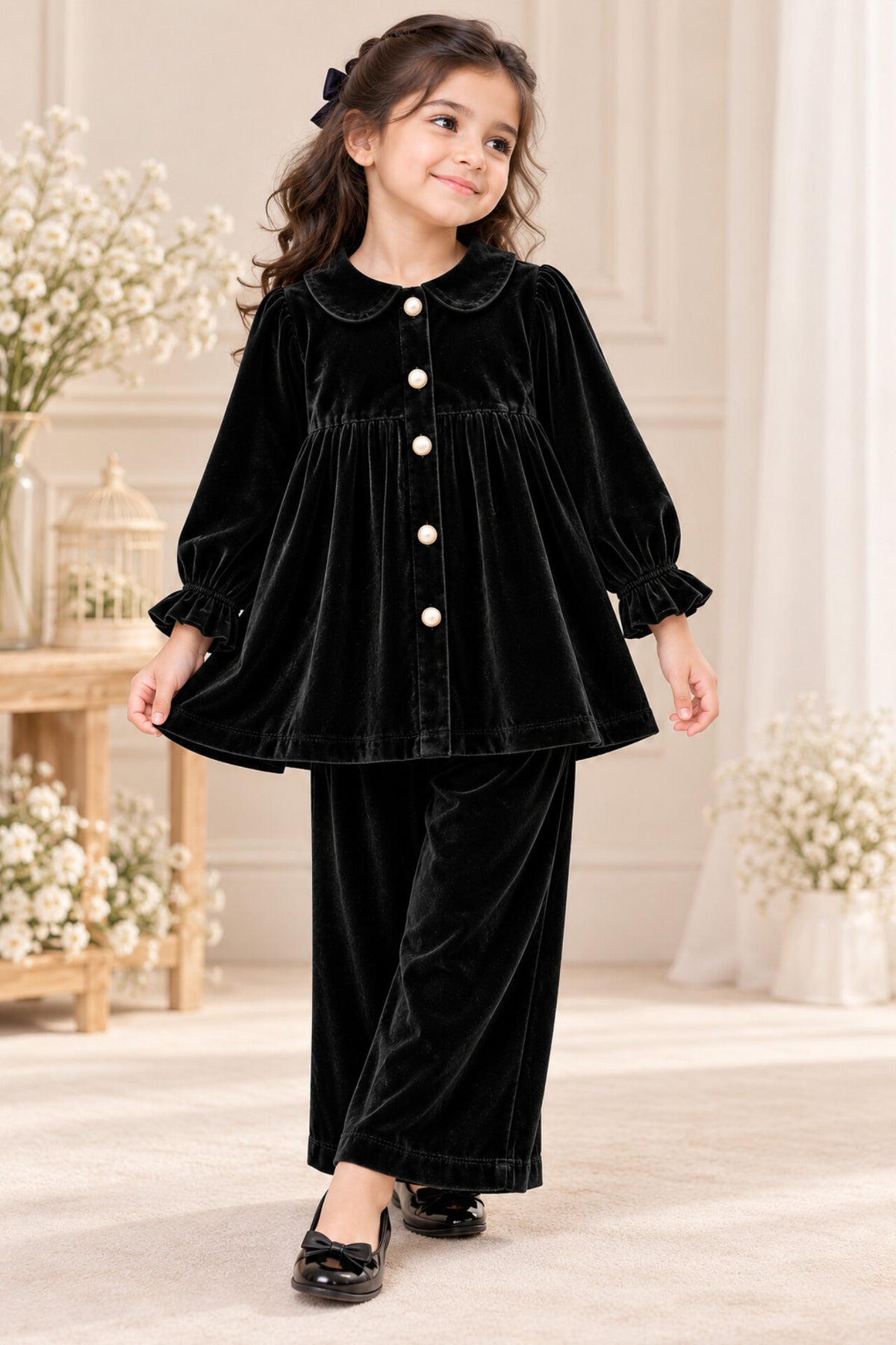 Girls Velvet Co-ord Set - Black