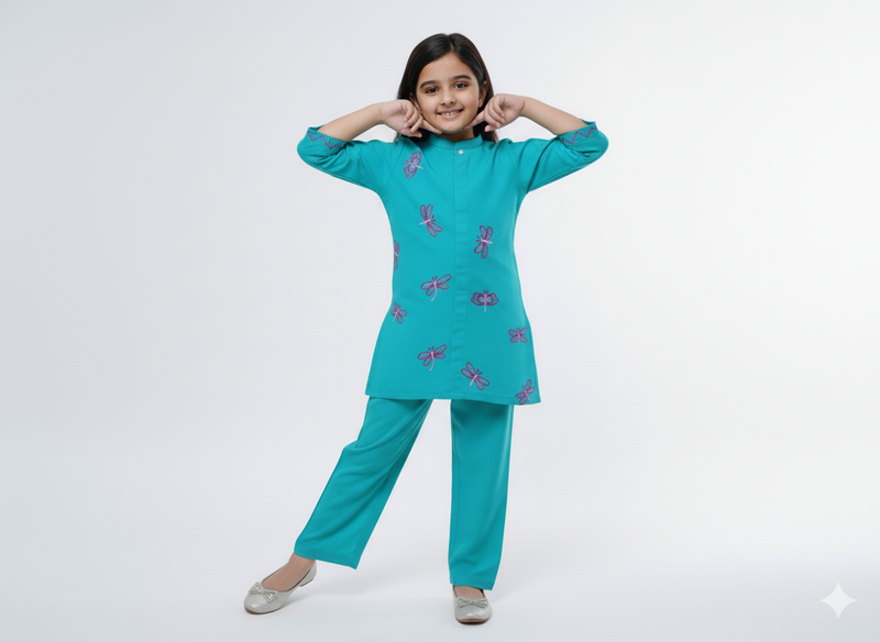 Girls Khaddar Hand Embroided Co-ord Set 2pc - Skyblue