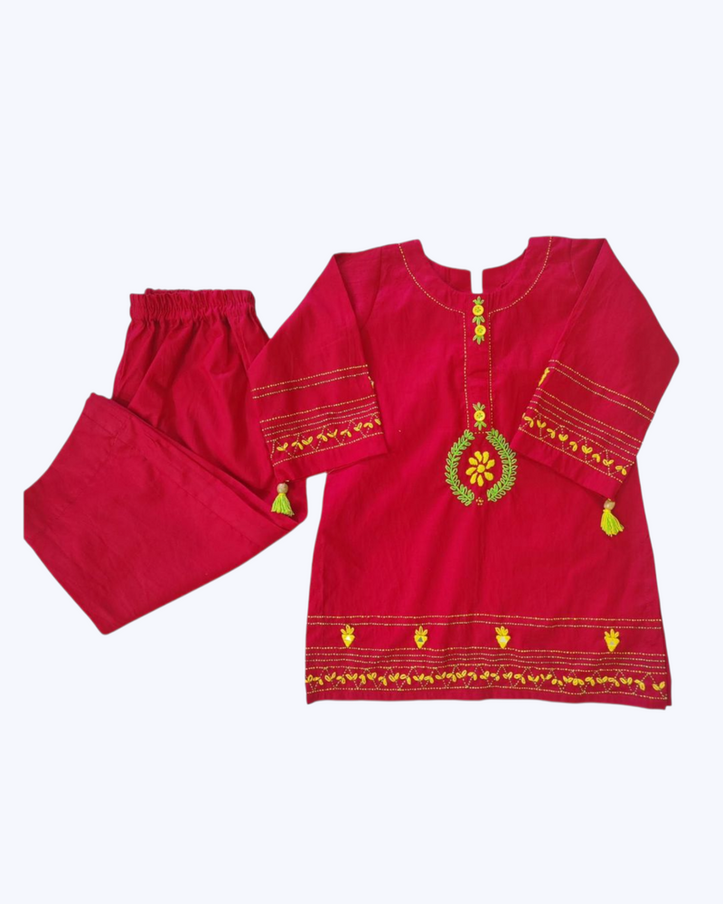 Girls Hand Embrioded Co-ord  Set - Red