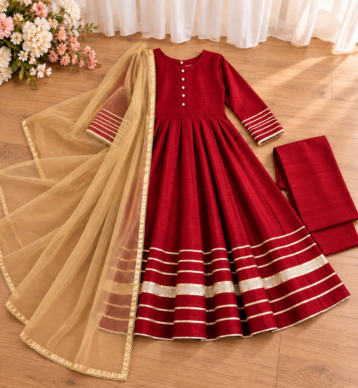 Girls Raw Silk Frock Suit - Red
