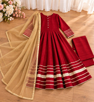 Girls Raw Silk Frock Suit - Red