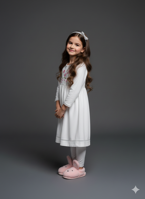 Girls Khaddar Hand Embroided Frock Set 2pc - White