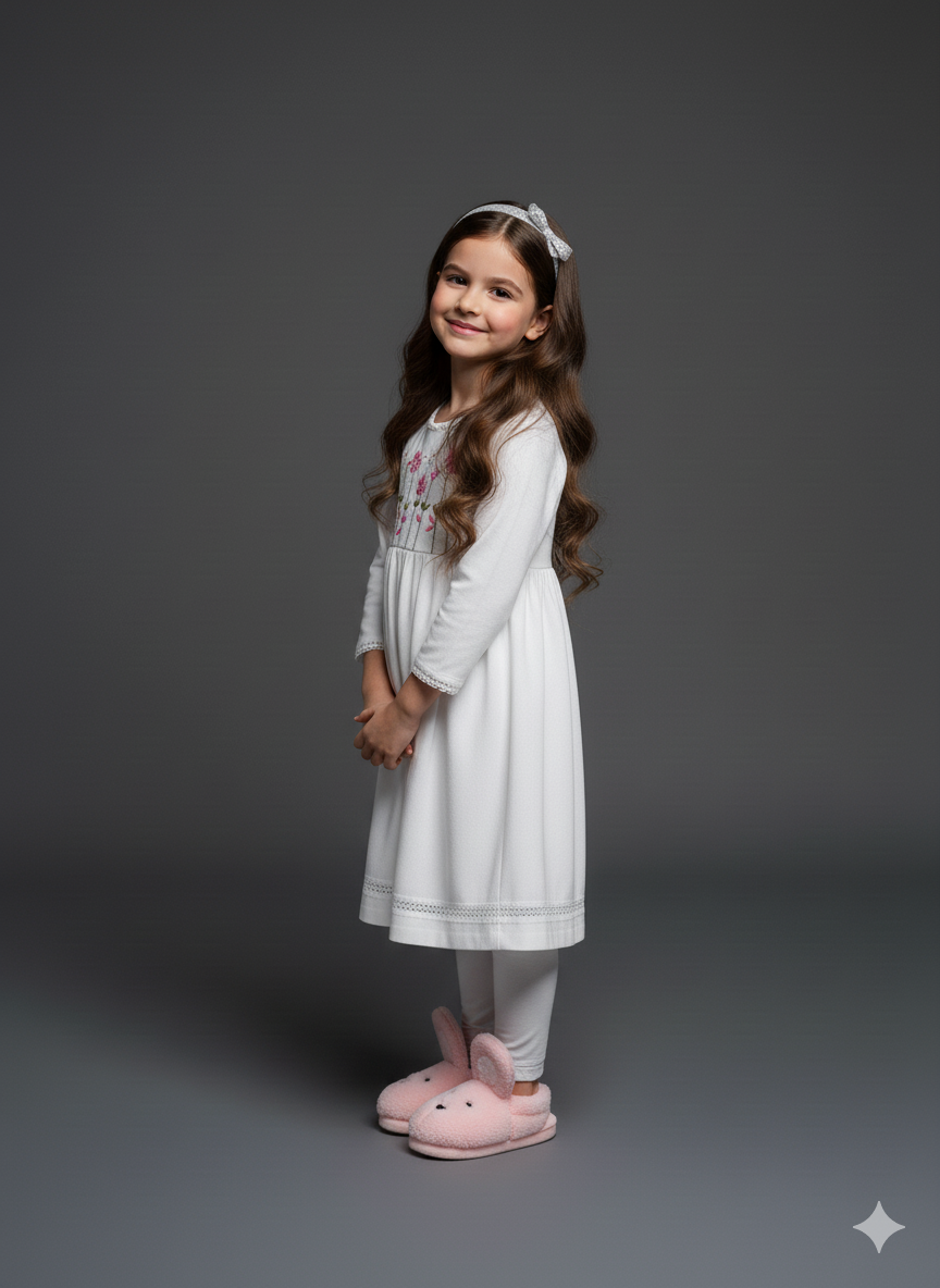 Girls Khaddar Hand Embroided Frock Set 2pc - White