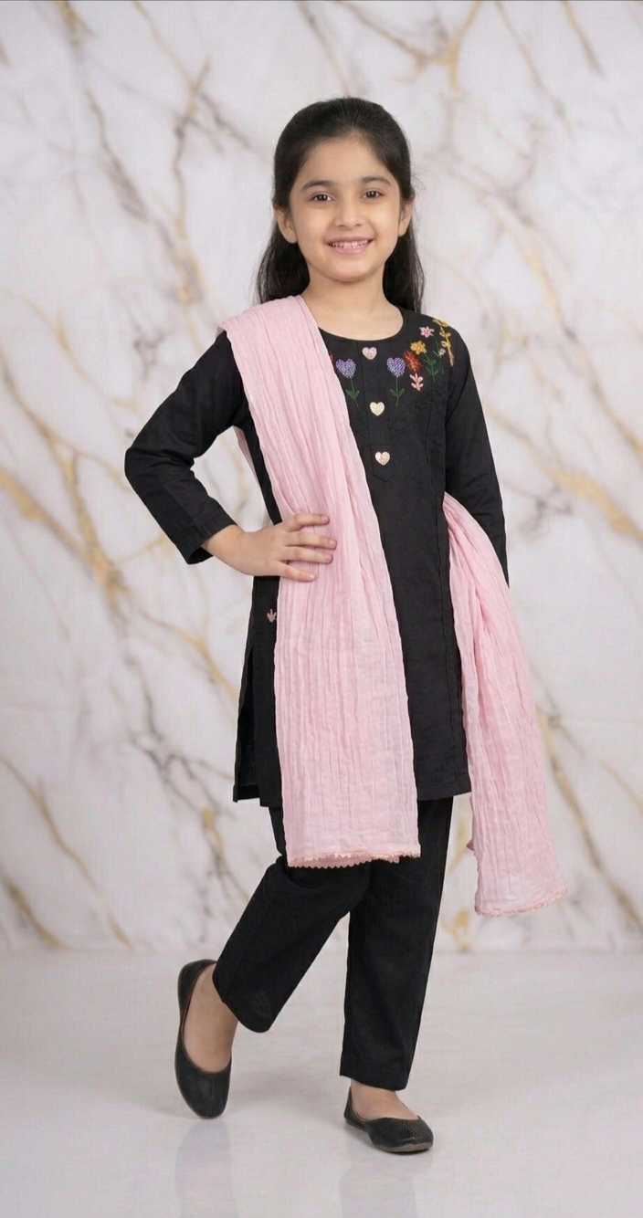 Girls Pink Floral Embroided Suit 3pc