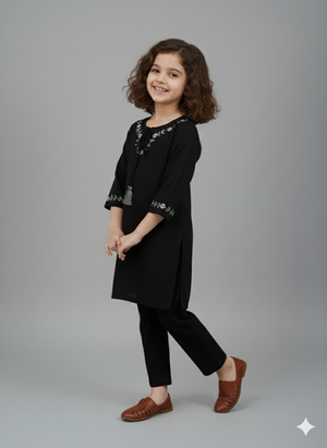 Girls Khaddar Hand Embroided Suit 2pc - Black