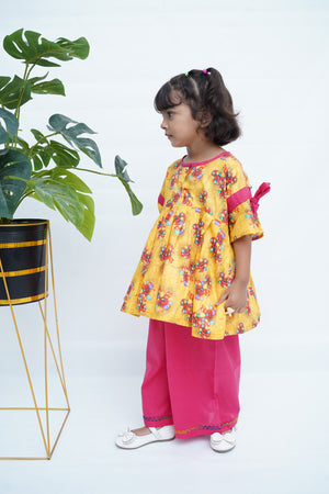 Girls Printed Flower Frock Set - Yellow