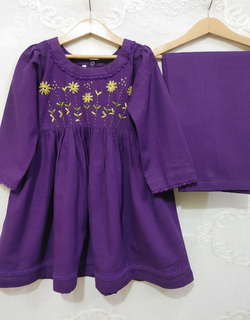 Girls Khaddar Hand Embroided Frock Set 2pc - Purple