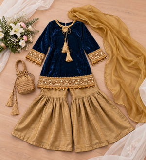Girls Embellished Gharara Suit - Zinc Blue