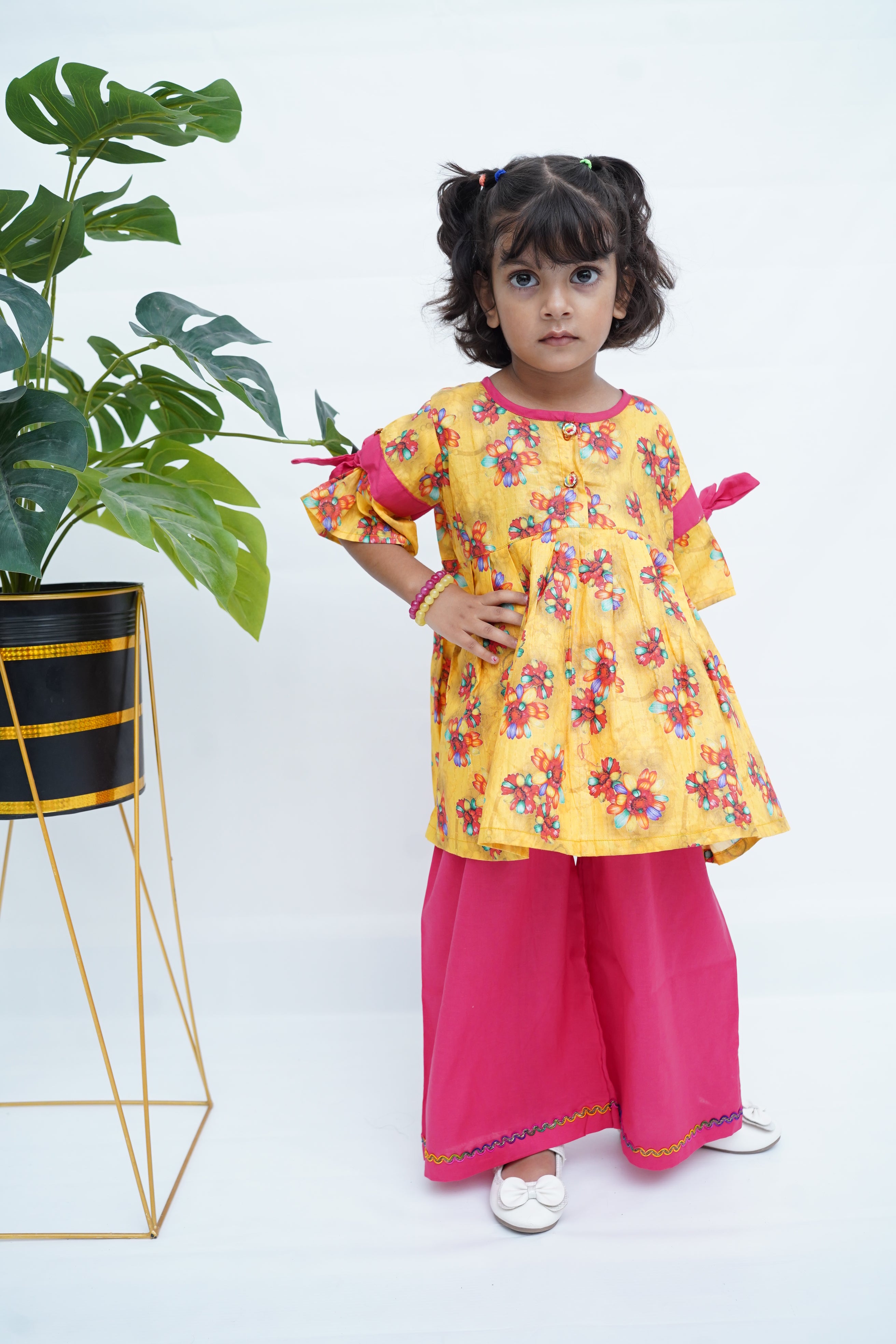 Girls Printed Flower Frock Set - Yellow