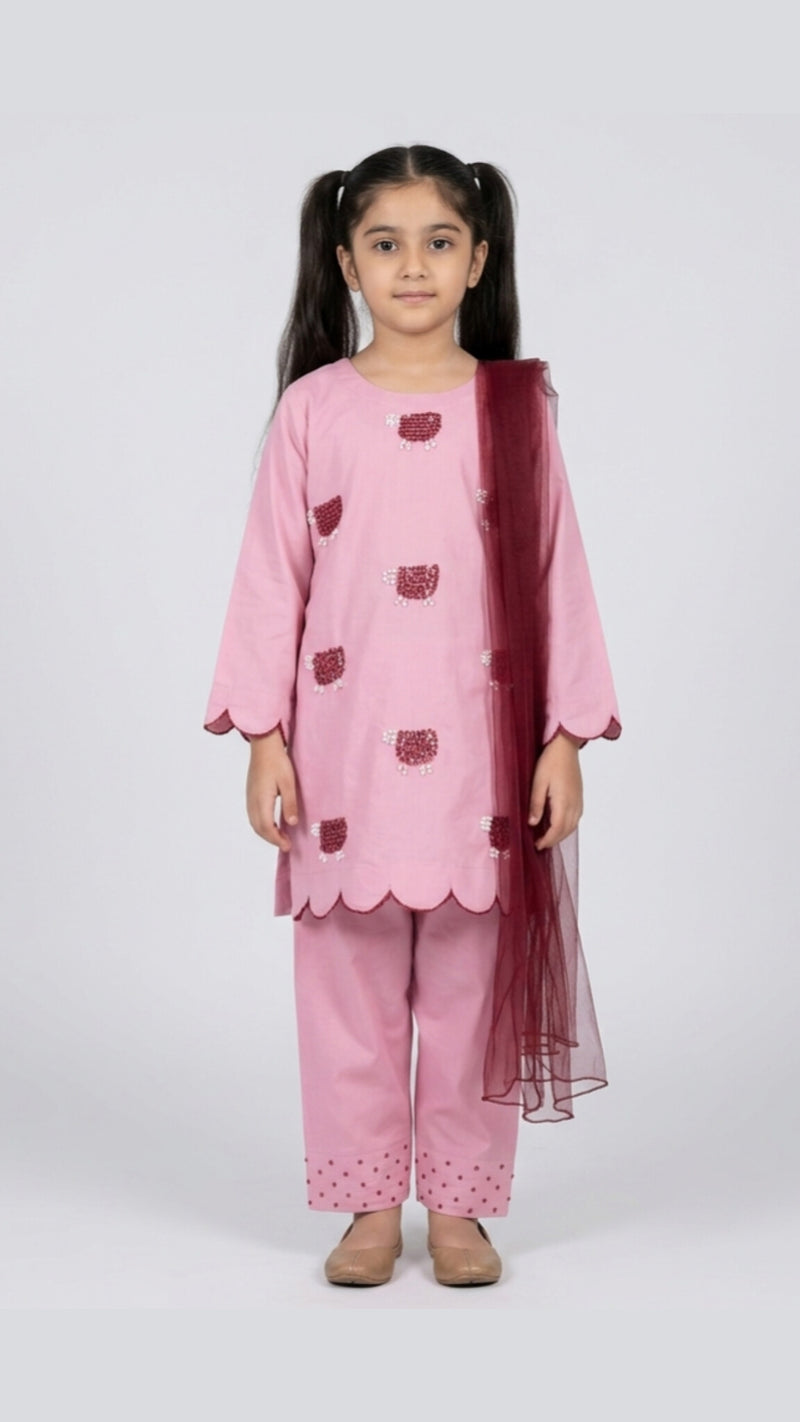 Girls Rose Blush Sheep Embroided Set - 3pc