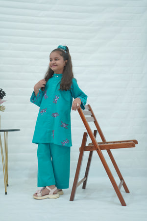 Girls Khaddar Hand Embroided Co-ord Set 2pc - Skyblue