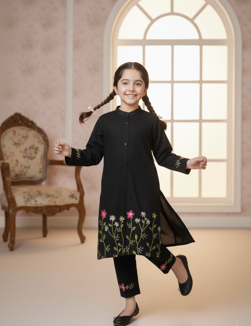 Girls Khaddar Hand Embroided 2pc - Black