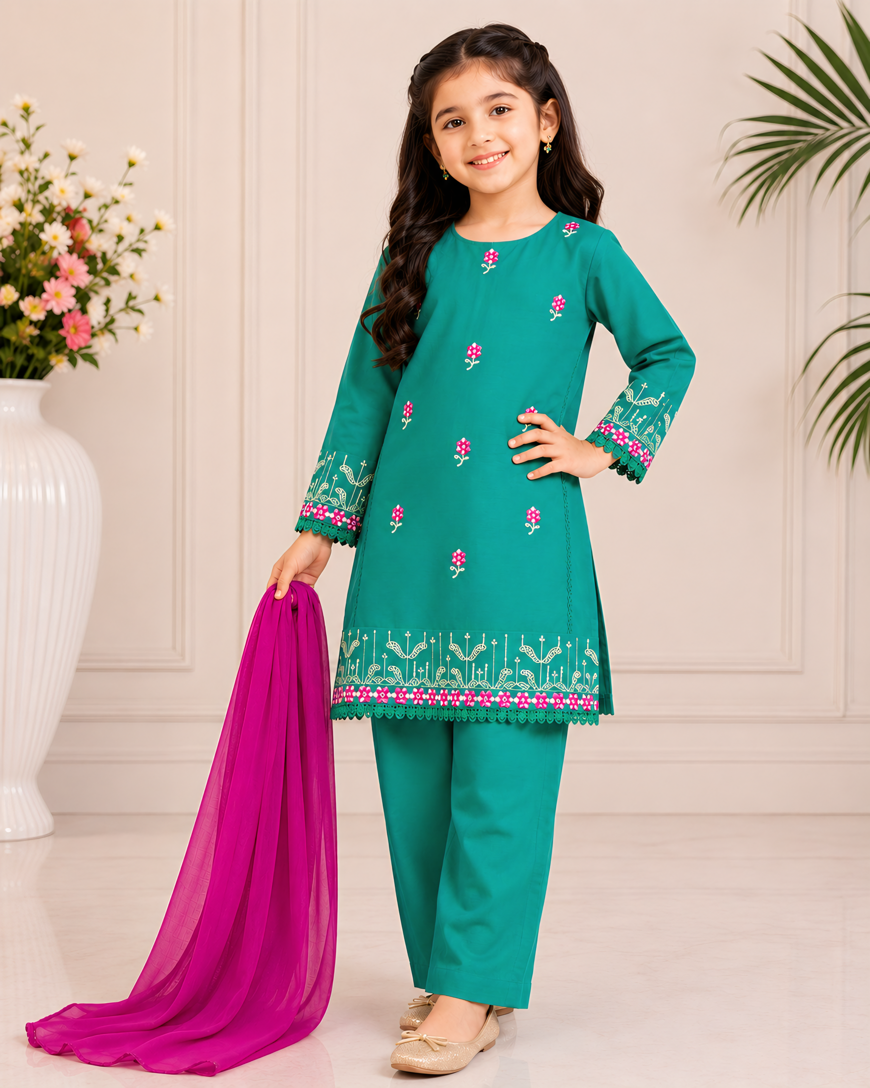 Girls Emerald Flora Embroidered Set - 3pc