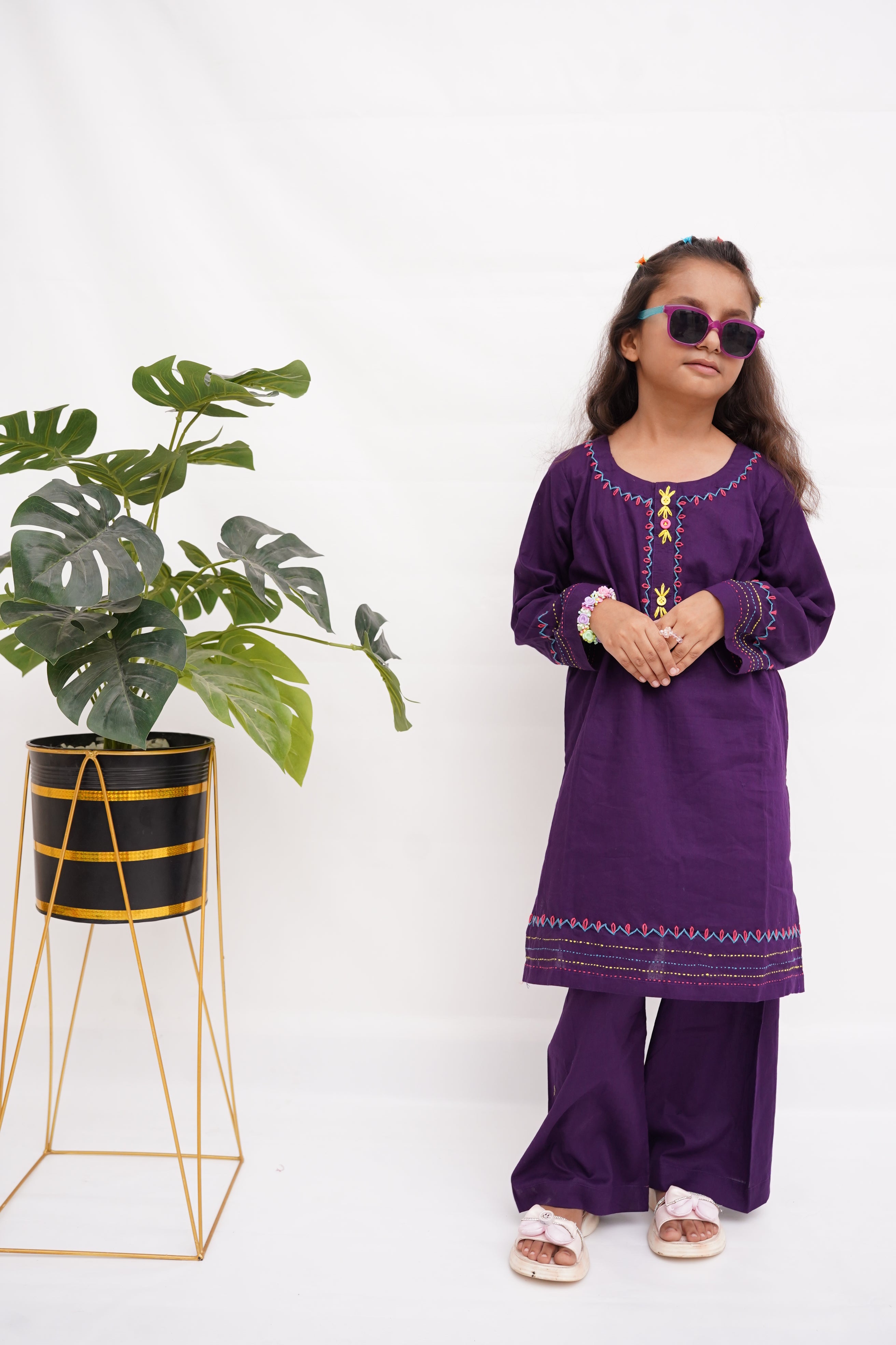 Girls Hand Embrioded Co-ord  Set - Voilet