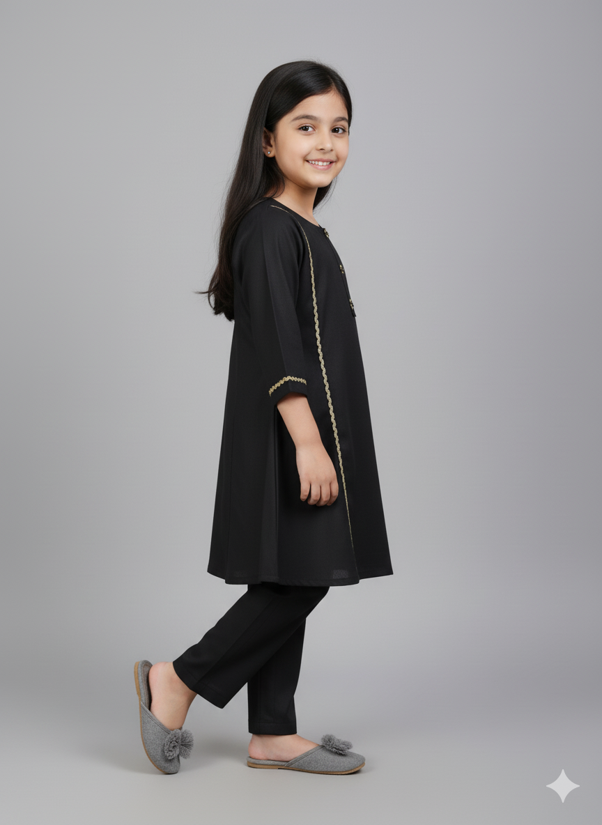 Girls Khaddar Solid Embellished Suit 2pc - Black