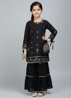 Girls Hand Painted Gharara Set 3pc - Black