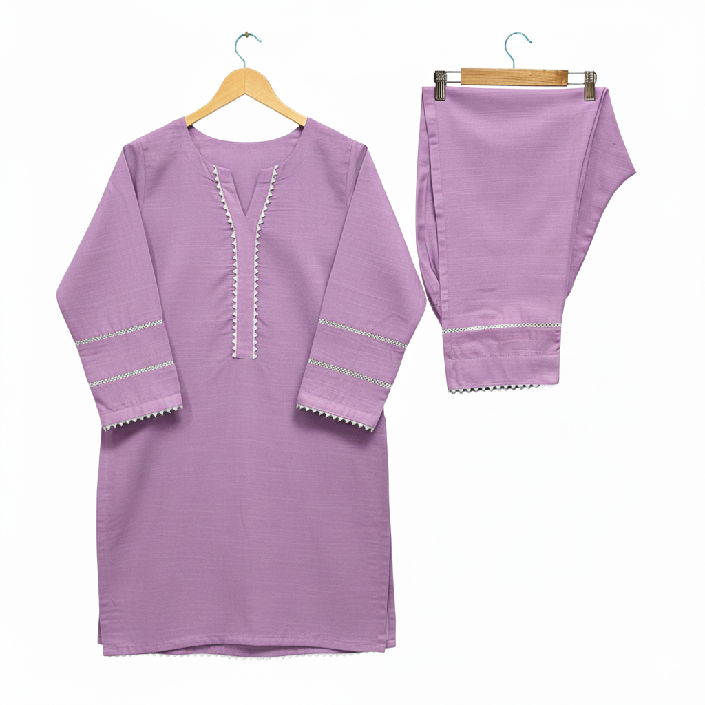 Girls Khaddar Solid Embellished Suit 2pc - Lilac