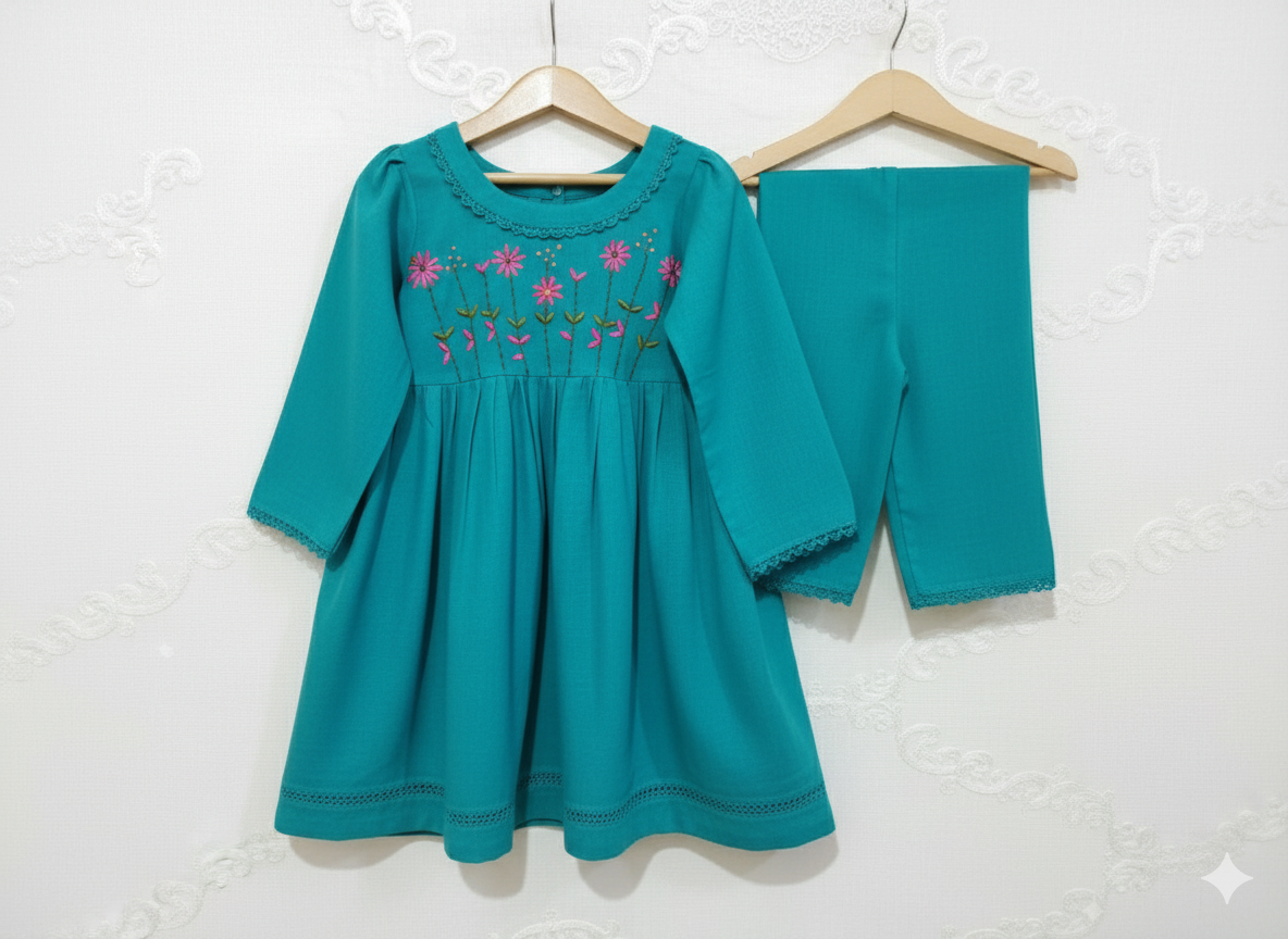 Girls Khaddar Hand Embroided Frock Set 2pc - Skyblue