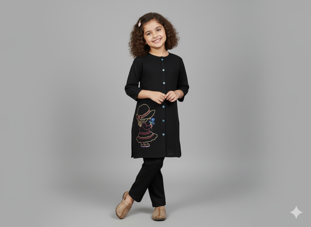 Girls Khaddar Doll Embroided Co-ord Set 2pc - Black