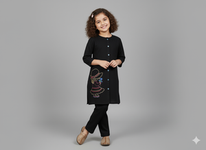 Girls Khaddar Doll Embroided Co-ord Set 2pc - Black