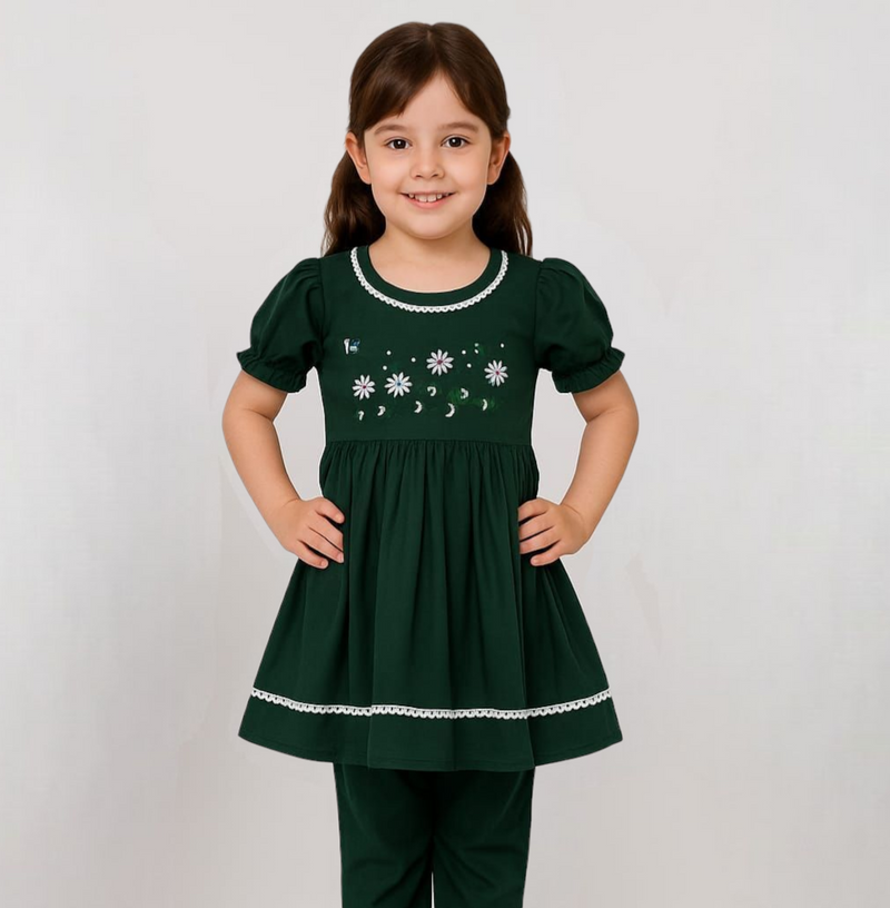 Girls Green Embroidered Frock Set 2pc