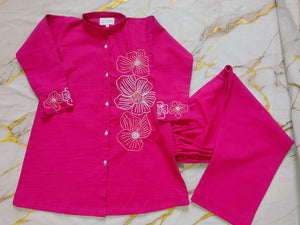 Girls Khaddar Hand Embroided Co-ord Set 2pc - Margenta