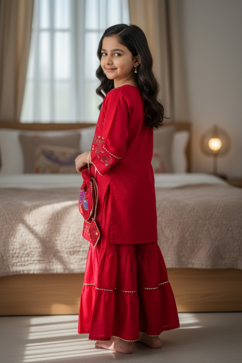 Girls Hand Painted Gharara Set - Red