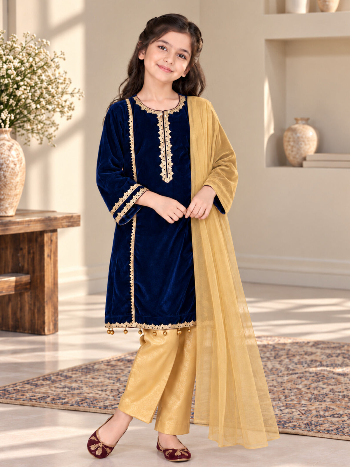 Girls Navyblue Velvet Kurta Suit - 3pc