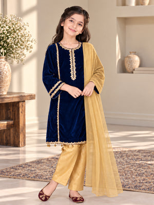 Girls Navyblue Velvet Kurta Suit - 3pc
