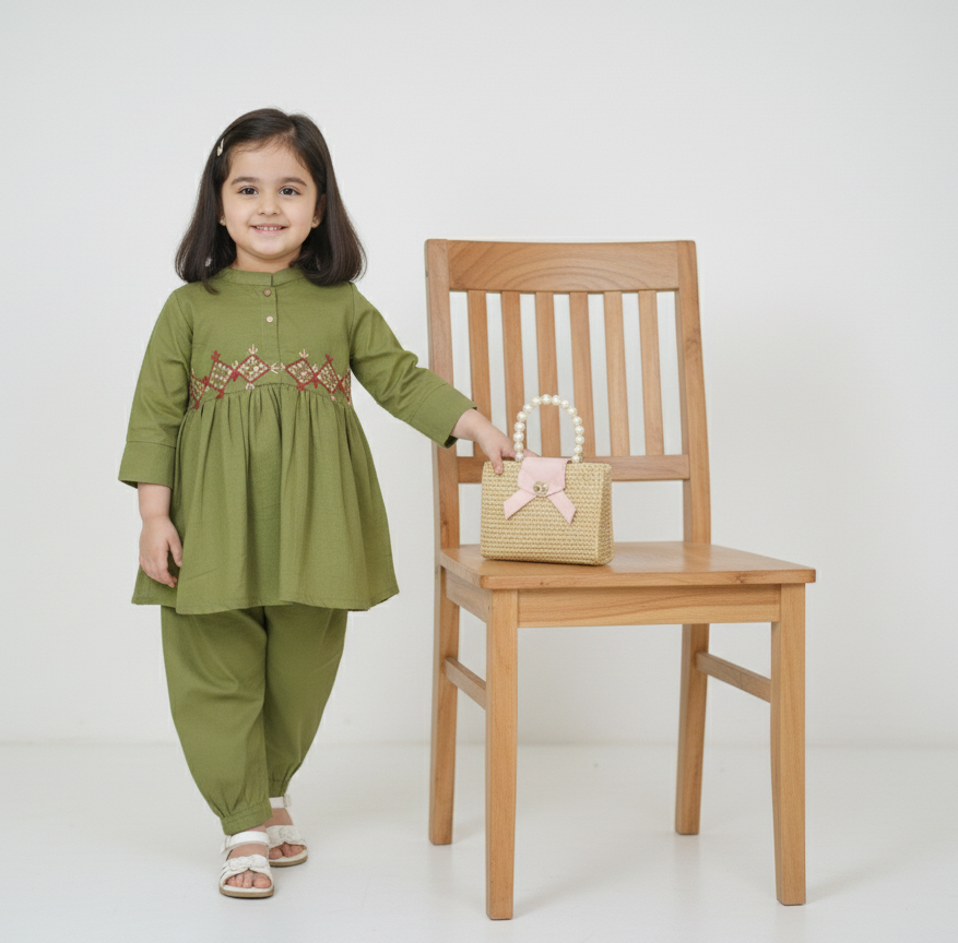 Girls Khaddar Hand Embroided Frock Set 2pc - Olive Green