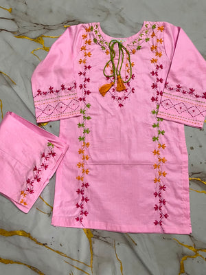 Girls Pink Multi Hand Embroided Set 2pc