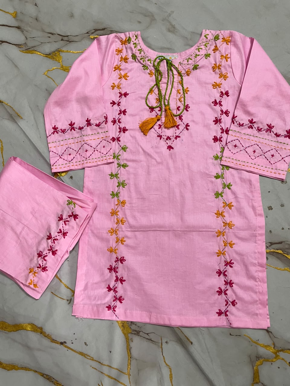 Girls Pink Multi Hand Embroided Set 2pc