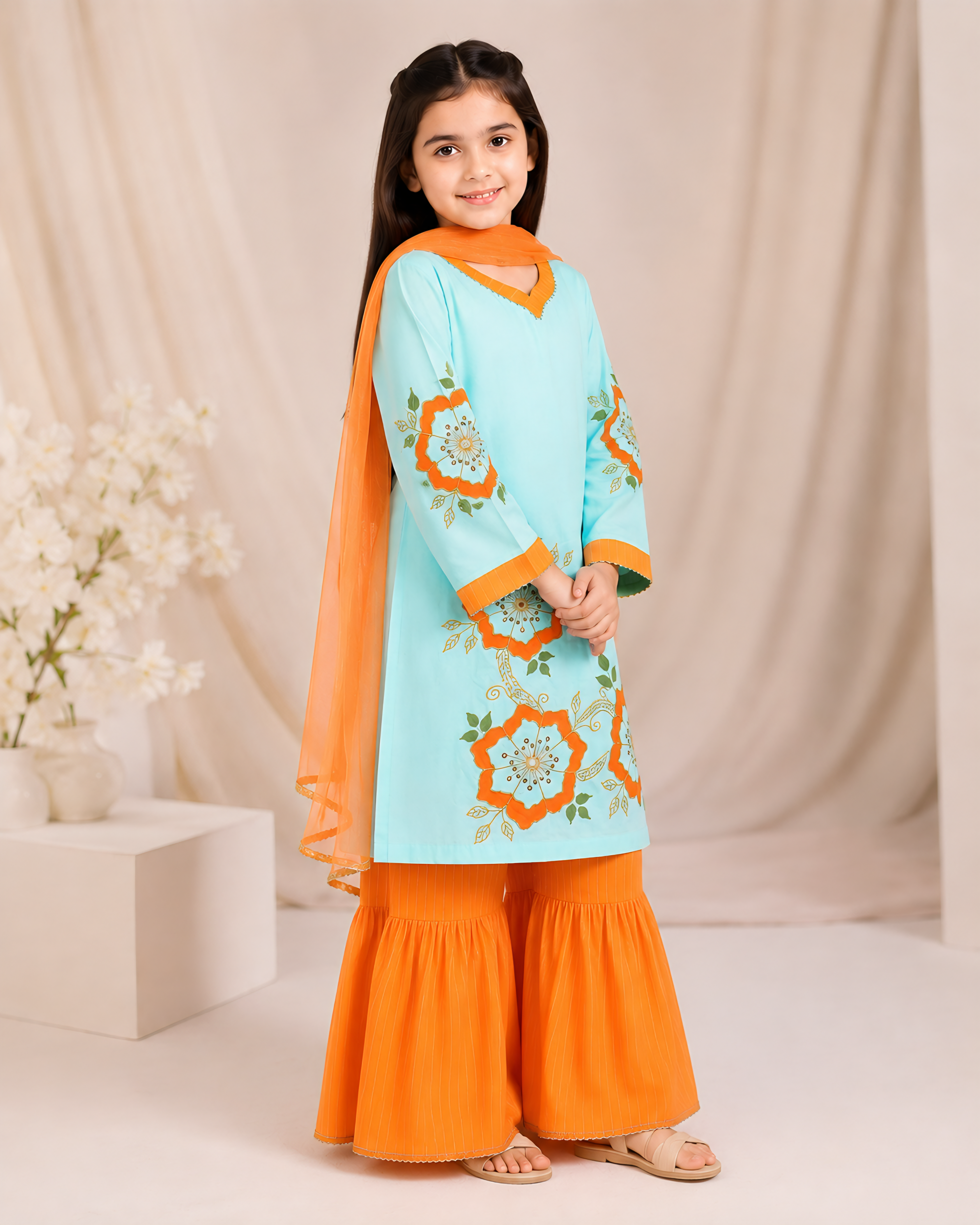 Girls Floral Painted Gharara Set - 3pc