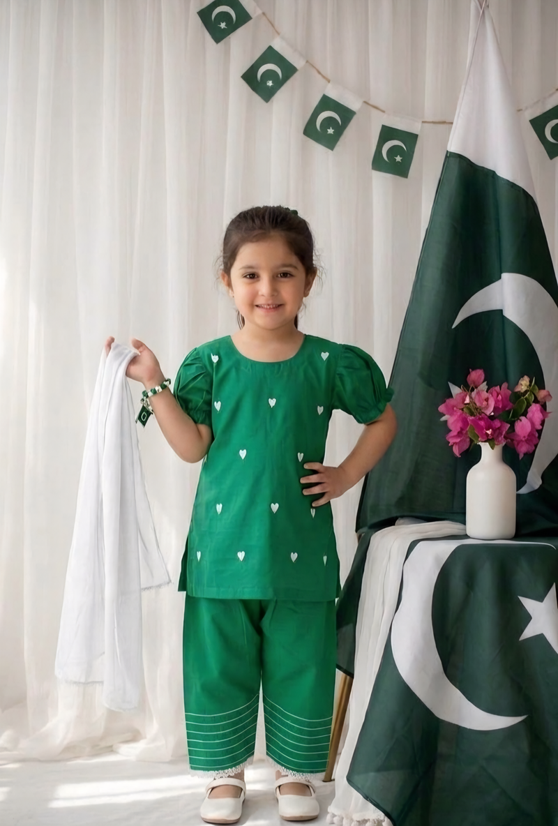 Girls Green Embroidered Suit 3pc