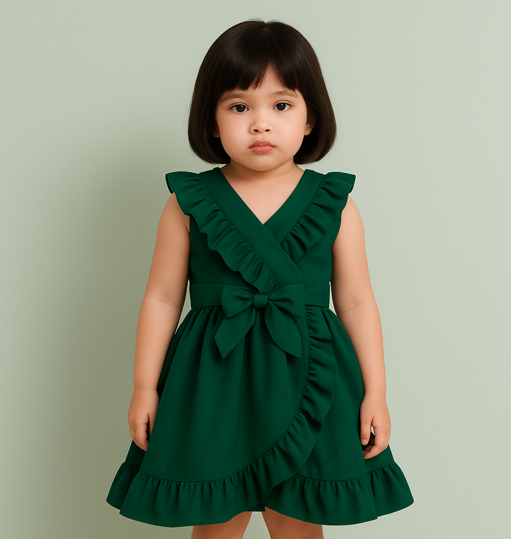 Girls Long Frill Frock - Green