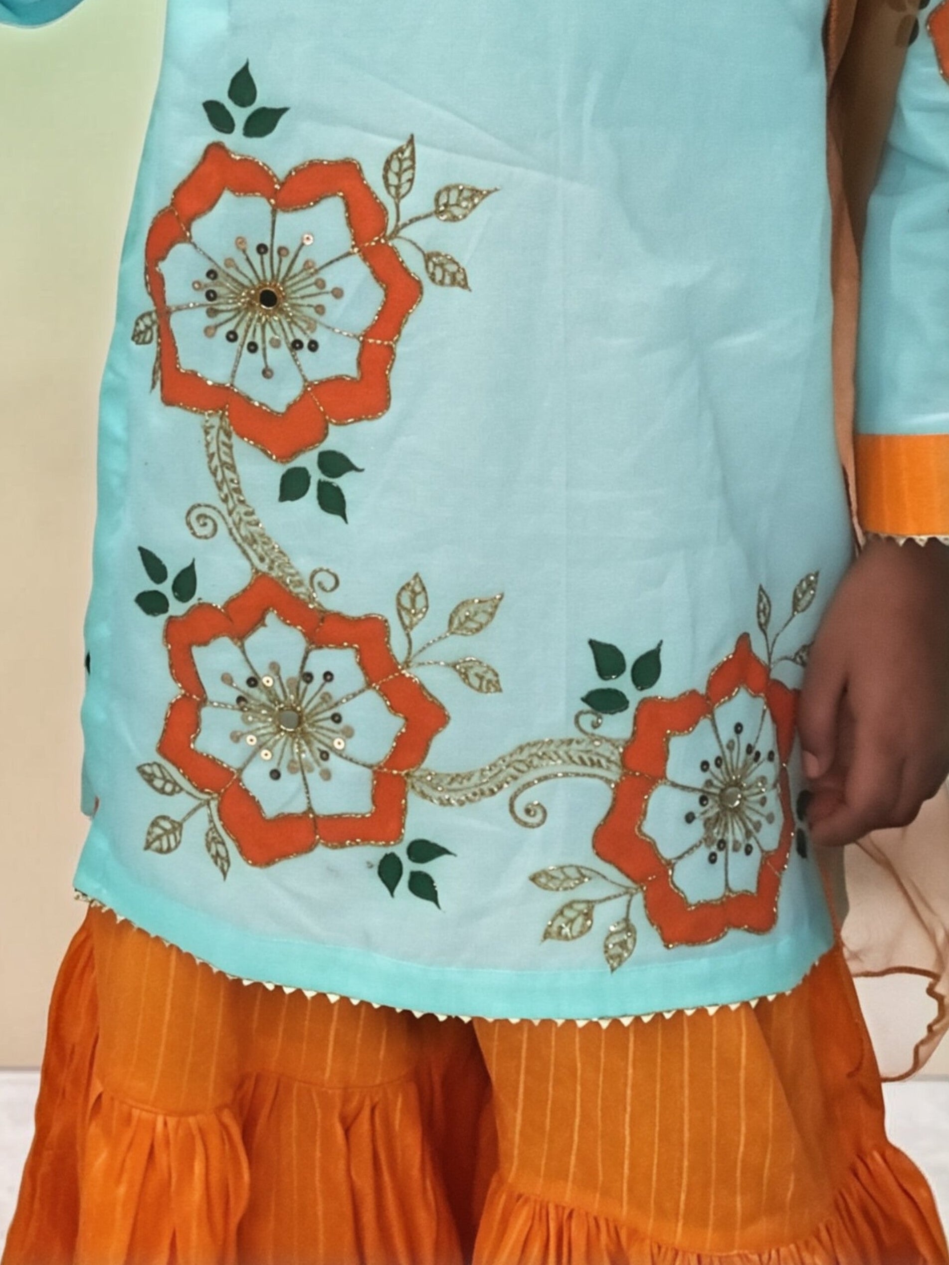 Girls Floral Painted Gharara Set - 3pc