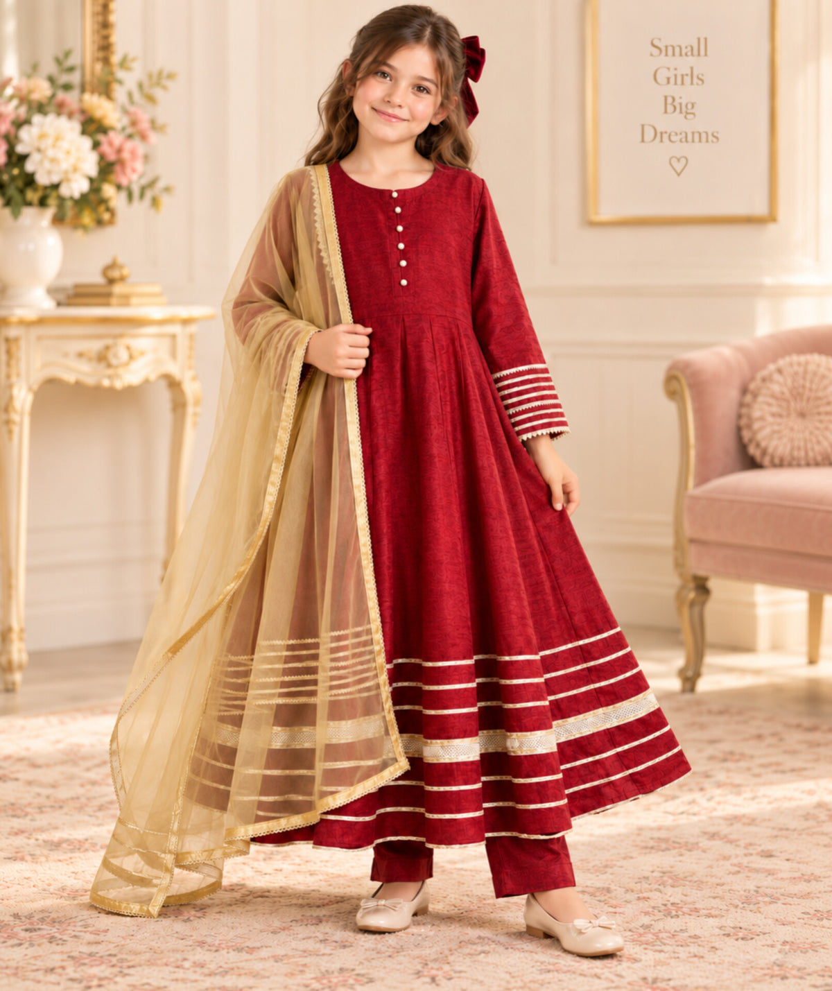 Girls Raw Silk Frock Suit - Red