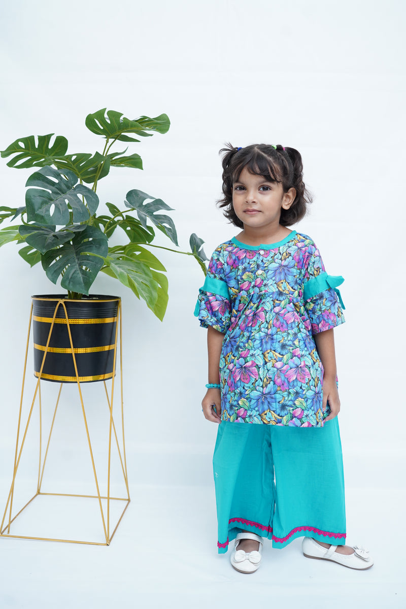 Girls Printed Flower Frock Set - SkyBlue