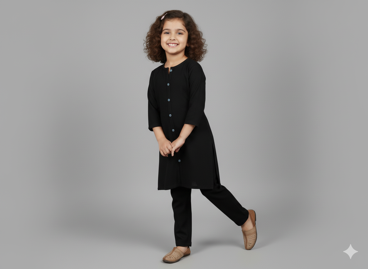 Girls Khaddar Doll Embroided Co-ord Set 2pc - Black
