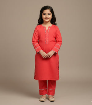 Girls Khaddar Solid Embellished Suit 2pc - Coral Pink
