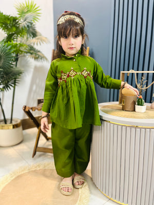 Girls Khaddar Hand Embroided Frock Set 2pc - Olive Green