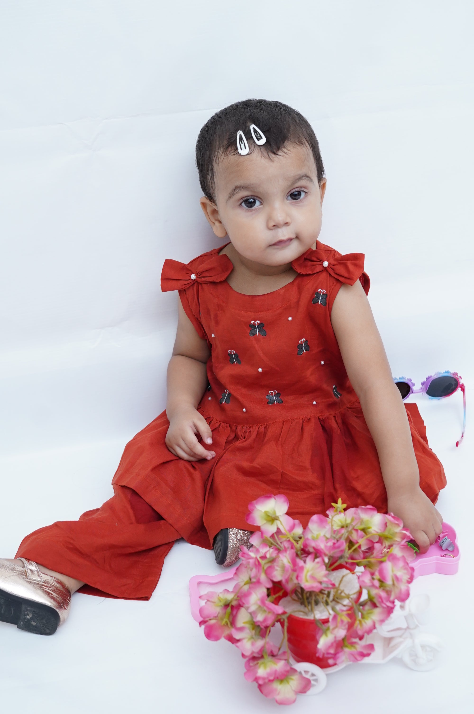 Girls Hand Painted Poplin Frock Dress With Butterfly Charm 2pc Set - Rust