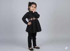 Girls Khaddar Hand Embroided Frock Set 2pc - Black