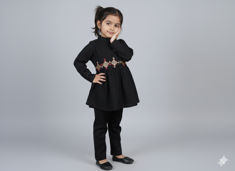 Girls Khaddar Hand Embroided Frock Set 2pc - Black