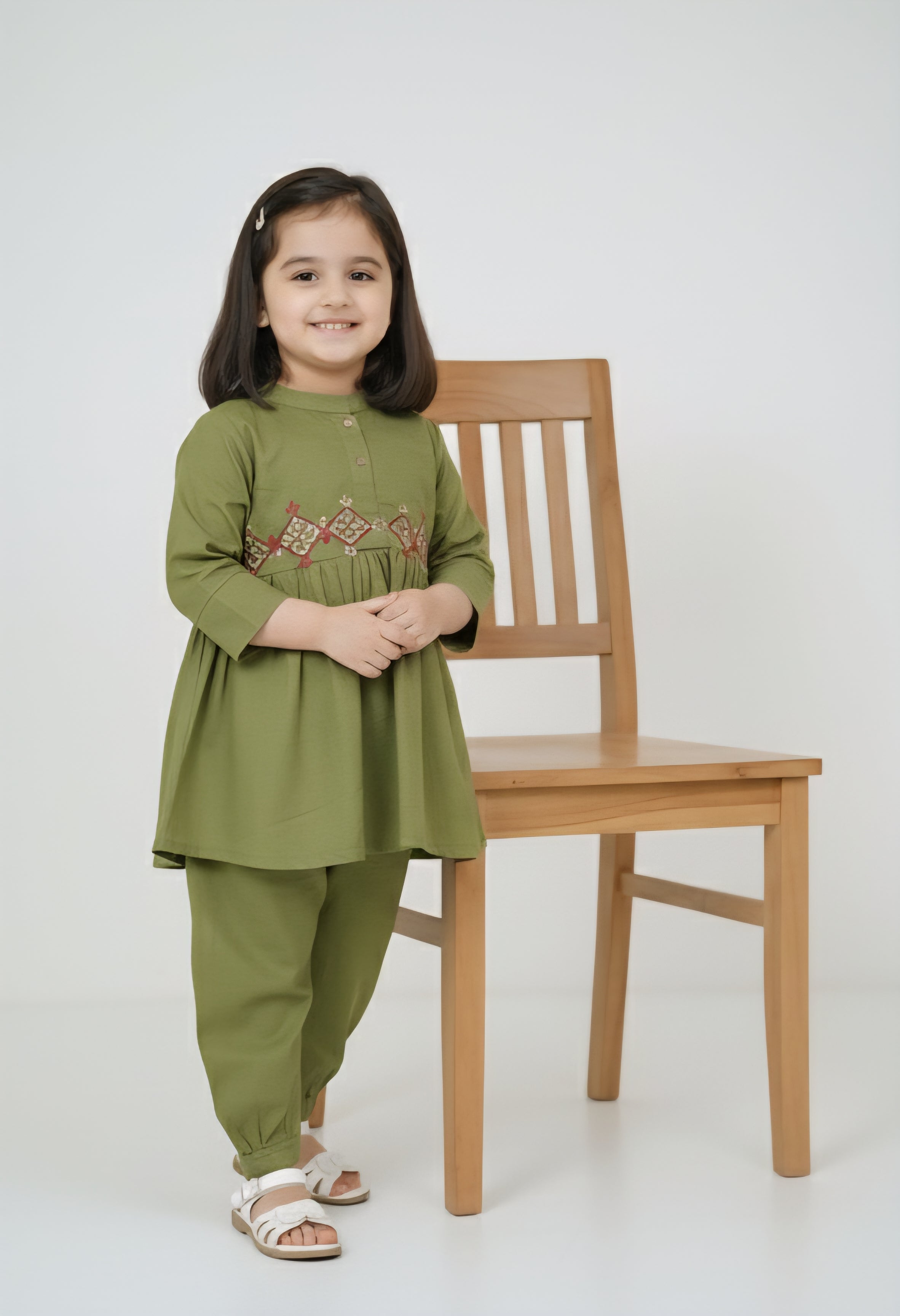 Girls Khaddar Hand Embroided Frock Set 2pc - Olive Green